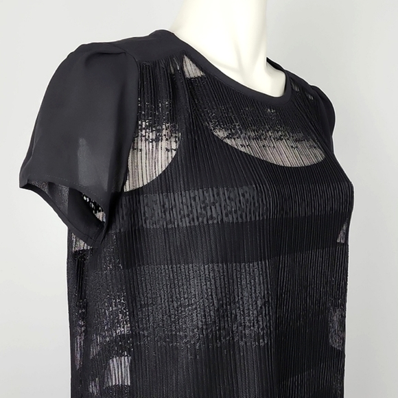 RW&CO Women's Black Sheer Lace Top Subtle Stripes Capped Short Sleeves Sz Small - Picture 4 of 16
